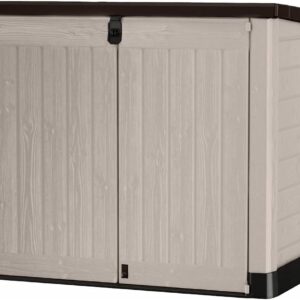 The Aucontainerz It Out Pro Outdoor Garden Furniture Storage Shed Beige with Brown Lid Fade Free All Weather Resistant Safe and Secure Zero Maintenance